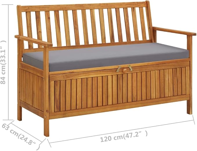 Patio Storage Bench with Gray Cushion, Outdoor Wooden Deck Box, Solid Wood Patio Furniture for Outdoor Cushions, Pool Storage and Garden Tools, 47.2"x24.8"x33.1", -329