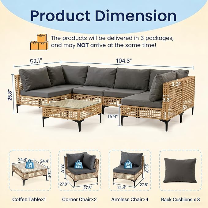 7 PCs Outdoor Patio Furniture All Weather Wicker Rattan Sectional Conversation Sofa Set w/Water Resistant Cushions, Coffee Table for Paito, Lawn, Garden, Grey
