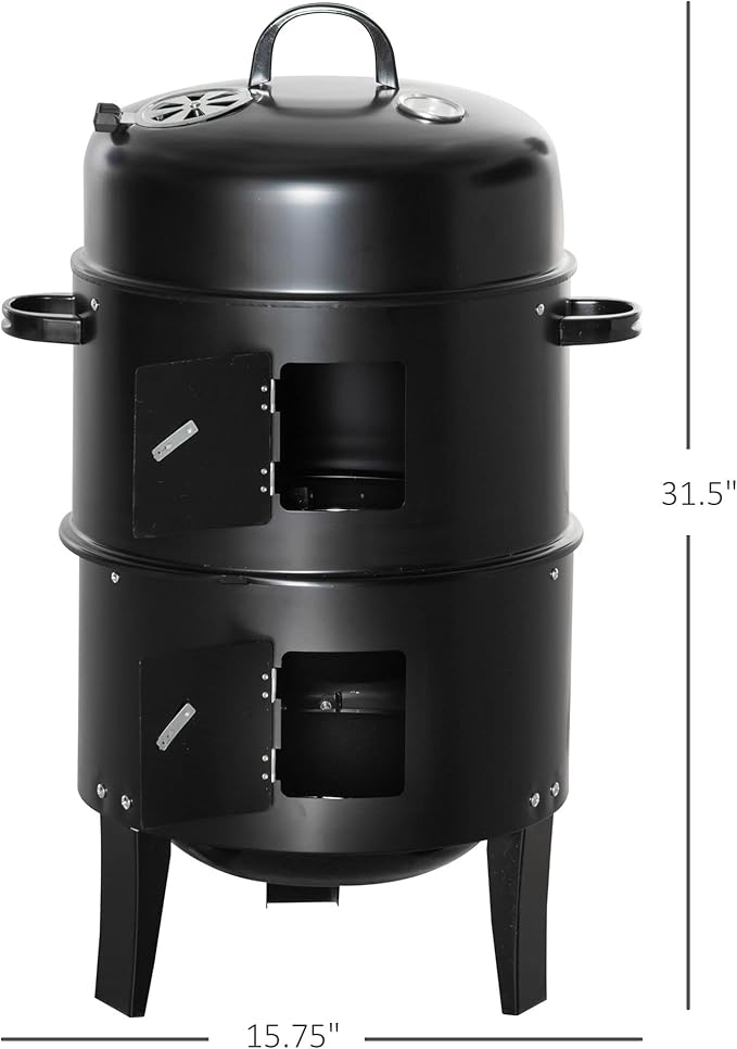 Outsunny Vertical Charcoal BBQ Smoker, 3-in-1 16" Round Charcoal Barbecue Grill with 2 Cooking Area, and Thermometer for Outdoor Camping Picnic Backyard Cooking, Black