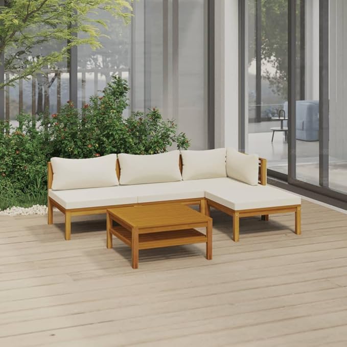 Patio Lounge Set with Cream Cushion,Patio Furniture Sets,Patio Conversation Sets,Outdoor Furniture Sets,for Garden,Backyard,Outdoor,5 Piece Solid Acacia Wood
