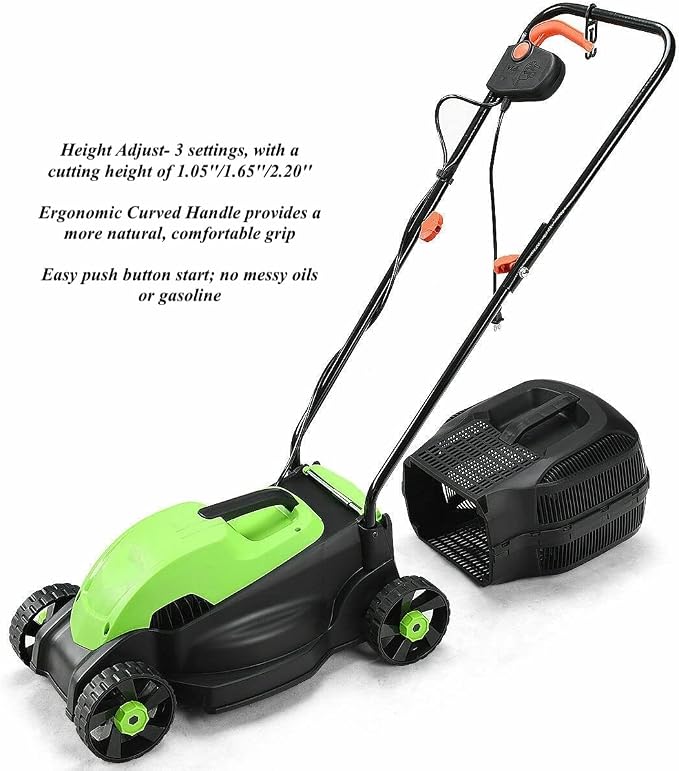 Green 12 Amp 14 Inch Corded Electric Push Lawn Mower Electric Grass Trimmer with Grass Collection Box 1200W Powerful Motor 3 Cutting Height Easy Push Button Start Ergonomic Curved Handle
