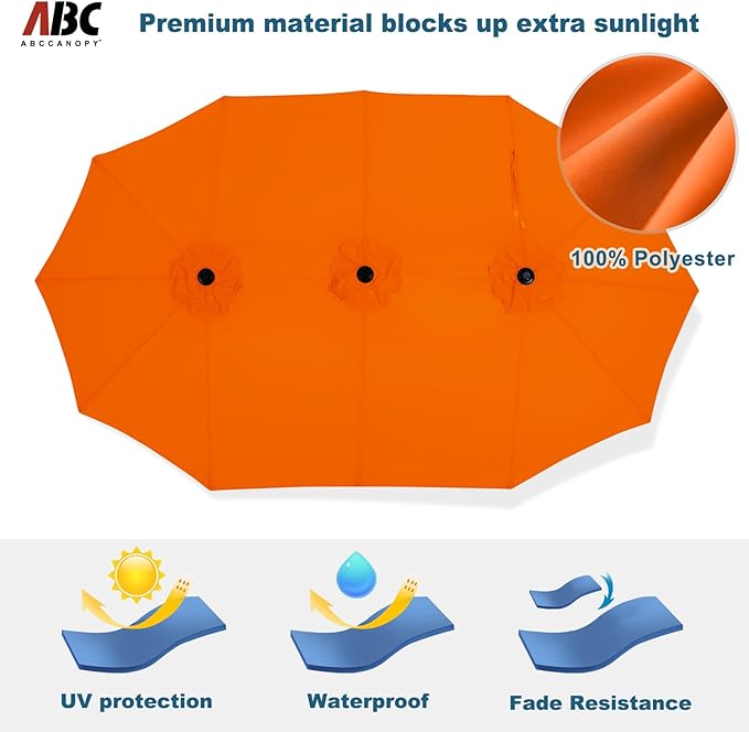 ABCCANOPY 15FT Patio Umbrella with Base, Outdoor Double-Sided Rectangle Umbrella Bonus Latch, Wights for Poolside, Lawn, Backyard (Orange)