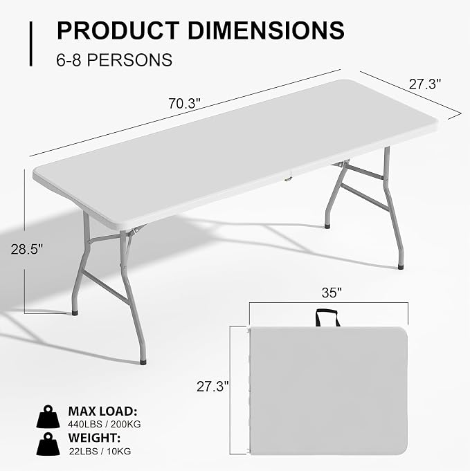 6FT Folding Table, Heavy Duty 440LBS Capacity Portable Plastic Picnic Table, Foldable Dining Tables with Carrying Handle for Party, Wedding, Camping, Events, Indoor or Outdoor Use, White