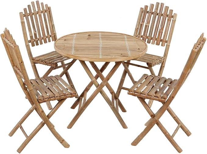 Bamboo 5 Piece Folding Outdoor Dining Set with Waterproof Cushions for Patio