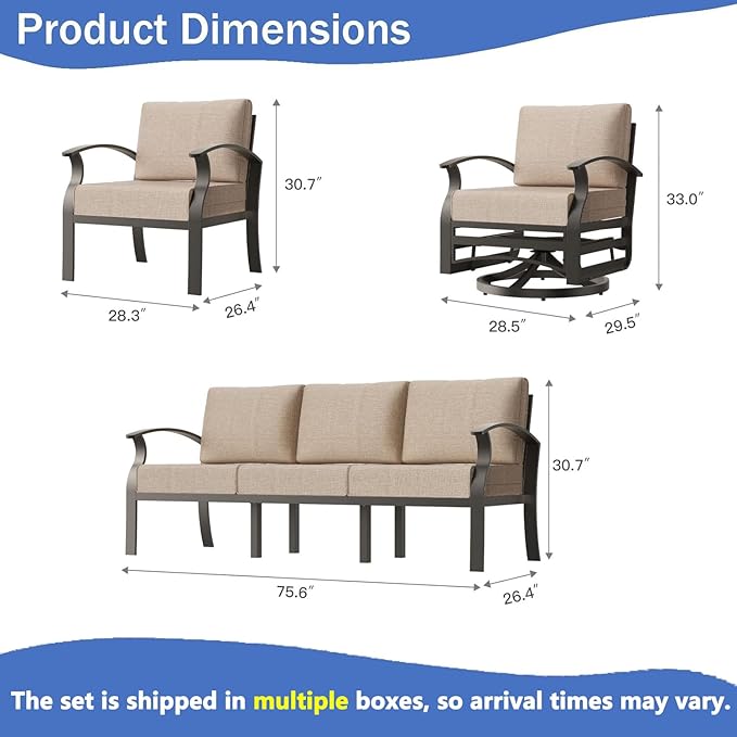 Aluminum Outdoor Patio Furniture Set,5 Pieces 7 Seats Patio Conversation Sets with 2 Swivel Rocking Chairs,Metal Patio Sectional Furniture Set with 5.1" Thickened Cushions,Sand
