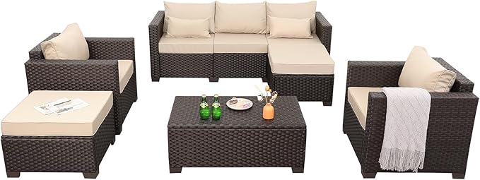 6 Pieces Patio Outdoor Furniture Outdoor Conversation Sets Wicker Sofa Set with Outdoor Couch Patio Chairs Storage Coffee Table Khaki Cushions Waterproof Covers