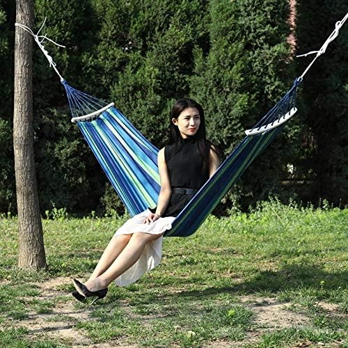 Camping Accessory Outdoor Rollover-Resistant Single Person Canvas Hammock Portable Beach Swing Bed with Wooden Sticks, Size: 260 x 80cm(Blue) (Color : Blue)