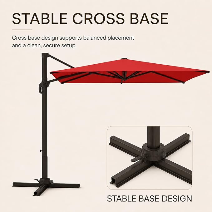 Kingdura 8' X 8' Cantilever Patio Umbrella with Base Included, Large Square Outdoor Offset Umbrella with 360-degree Rotation, 4 Position Tilt, UV Protection for Pool Deck Garden Patio (Red)