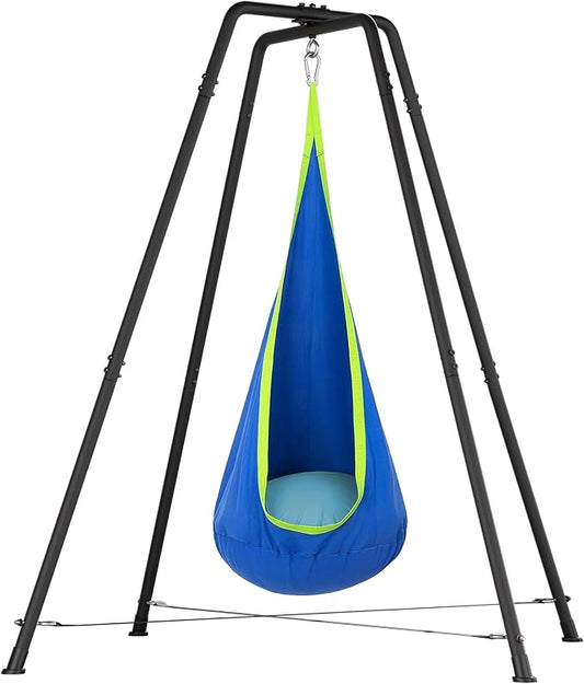 Sensory Pod Hammock with Stand, X-Shaped Anti-Tip Base, Kids Indoor Nest, Outdoor Hanging Chair, Heavy-Duty Steel Frame, Secure 330LBS Comfort, Adults Calm Relax, Family Rooms Gardens Backyards, Blue