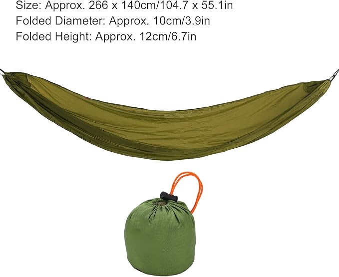 Portable Parachute Camping Hammock, Lightweight Outdoor Hammock with Aluminum Snap Hooks and Storage Bag for Hiking, Travel, and Picnics, 200kg Load Capacity (OD Green)