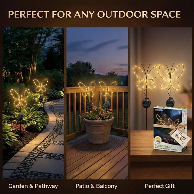 Touch Of ECO 2 Pack Warm White Butterfly Outdoor Solar Powered LED Decorative Garden Stake Light - Butterfly Design - Great Decor for Yard, Patio, Lawn, Planter, Makes a Great Gift