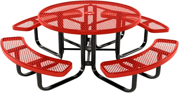 COATEDOUTDOORFURNITURE Heavy-Duty Portable Outdoor Kids Table with Umbrella Hole, Expanded Metal Kids Picnic Table, Commercial-Grade, Made in America (46 in, Round, Childrens, Red)