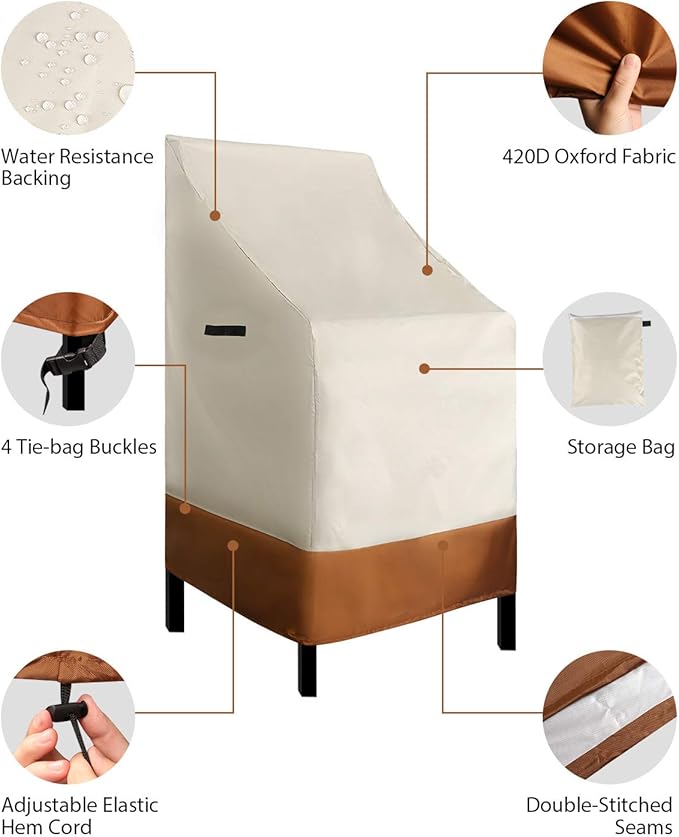 RosieLily High Back Patio Chair Covers Waterproof Stackable Outdoor Bar Stool Cover Beige Patio Furniture Covers Outside Lounge Deep Seat Cover, High Back, 2 Pack-Beige and Brown