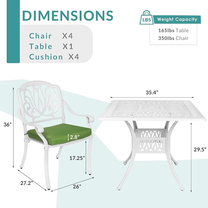 MEETWARM 5-Piece Outdoor Patio Dining Set, All-Weather Cast Aluminum Patio Conversation Set for Backyard Garden Deck with 4 Chairs, 4 Cushions and 35.4" Square Table, White