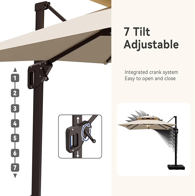 9' X 12' Cantilever Patio Umbrella with Led Lights Double Top Rectangular Outdoor Large Offset Umbrellas with 7 Tilts Adjustable 360°Rotation for Deck Pool Garden Backyard, Beige