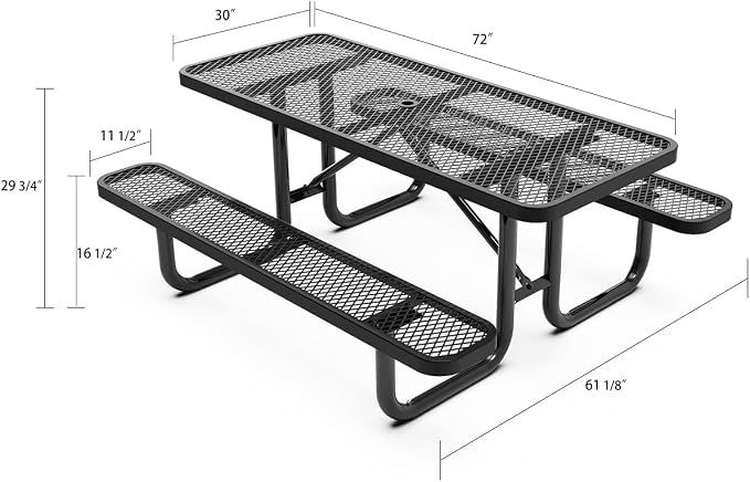 Heavy Duty 6' Rectangular Picnic Table, Expanded Metal, Black (72" Long)