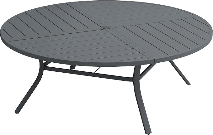 Patio Dining Table for 8-10, Round Metal Outdoor Table with Storage Shelf, 1.57" Umbrella Hole, 63" Outdoor Quartered Tabletop Dining Table for Backyard, Porch, Lawn, Dark Grey