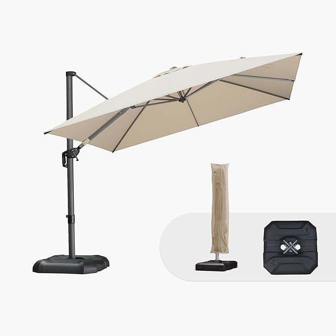 PURPLE LEAF 10'×10' Patio Umbrella with Base and Cover Outdoor Umbrella Large Cantilever Windproof Offset Heavy Duty Sun Umbrella for Garden Deck Pool Patio Beige