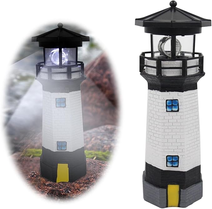 LED Solar Powered Lighthouse, Indoor Outdoor Lighthouse with Rotating Beacon LED Lights, Courtyard Waterproof Landscape Lights for Garden Patio Landscape Outside Yard Gifts Black