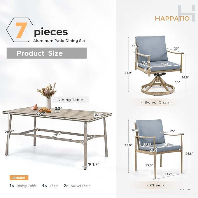 HAPPATIO 7-Piece Outdoor Dining Set for 6, Aluminum Patio Dining Set Includes 4 Dining Chairs, 2 Swivel Dining Chairs, and 1 Large Rectangular Table with Umbrella Hole, for Lawn Porch Yard, Brown