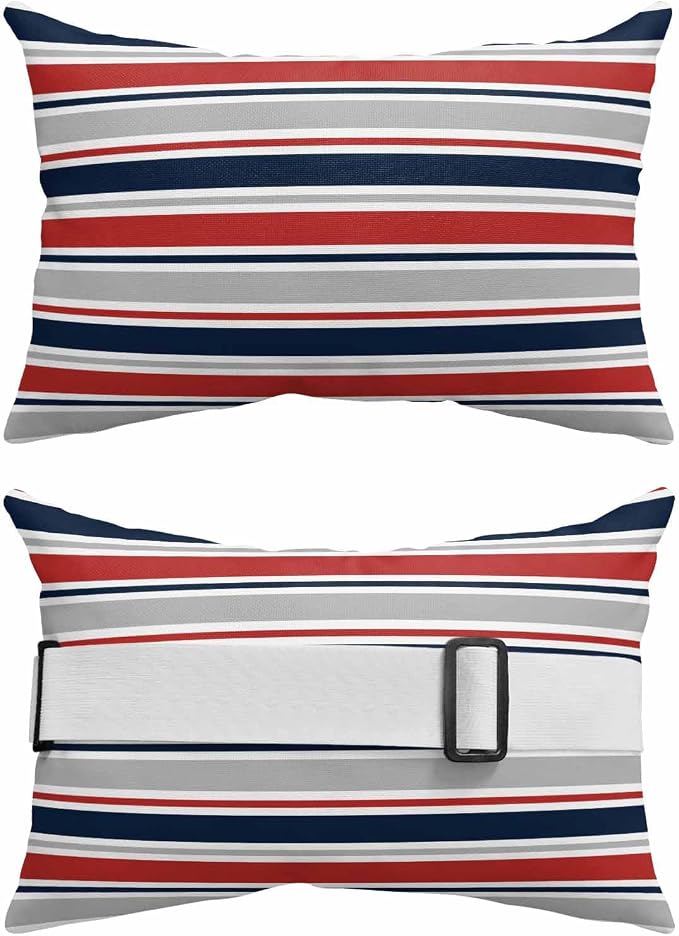 Pack of 2 Outdoor Lumbar Pillow Covers 12x20 Inch, Red Navy Blue Striped Waterproof Throw Pillow Covers Set, Farmhouse Stripes Modern Abstract Art Outside Decorative Cushion Cases for Patio Porch Car