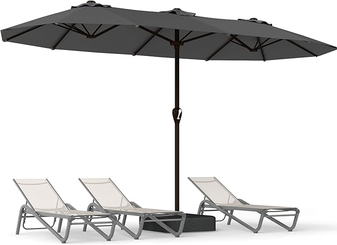 15FT Large Patio Umbrella with Base, Double Sided Rectangular Outdoor Umbrella with Sturdy Fiberglass Ribs, UPF 50+ Sun Protection, Wind-Resistant, Waterproof Fade-Resistant Fabric for Pool, Garden, Backyard, Deck(Gray)