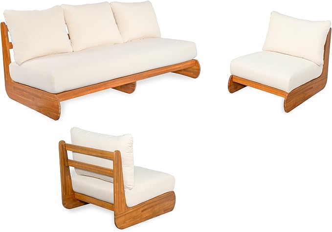 Christopher Knight Home Poppy 3 Piece Patio Conversation Set with Cushion, Acacia Wood 5 Seater Outdoor Sofa Chat Set, Wooden Patio Sectional Sofa Set with Club Chair, Teak+Beige