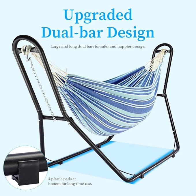 Zupapa Hammock with Stand 2 Person, Upgraded Steel Hammock Frame and Polycotton Hammock, 550LBS Capacity for Indoor Outdoor Use Blue White Stripes
