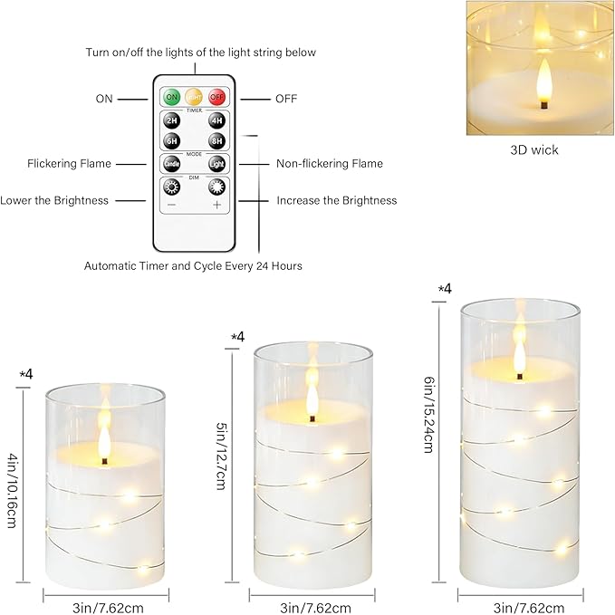 kakoya Flameless LED Candles with Timer 12 Pc Flickering Flameless Candles for Romantic Ambiance and Home Decoration Stable Acrylic Shell,with Embedded Star String，Battery Operated Candles(White)