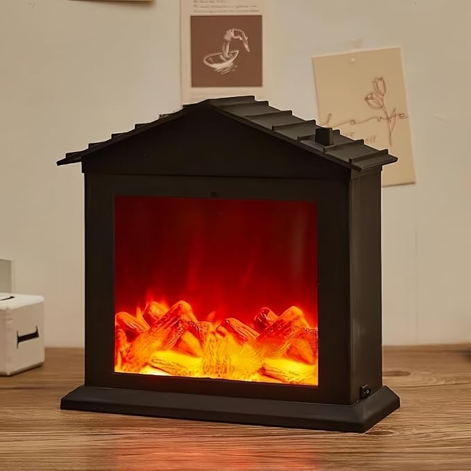 Simulated LED Fireplace Lantern USB & Battery Powered Flameless Light with Simulation Flame Table Decorative Lamp Mini Fireplace Ornament for Cozy Home Decor Free Standing Electric Log Burner