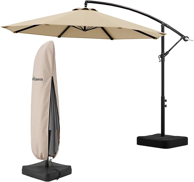 OLILAWN Cantilever Offset Patio Umbrellas with Base+OLILAWN 600D Waterproof Umbrella Cover, Outdoor 10 feet Patio Umbrella, Upgraded Yarn-dyed Fabric Shade, Sturdy 8 Rids, 360 Degree Rotation & Easy Tilt Adjustment, for Pool Deck Porch Backyard Garden,...
