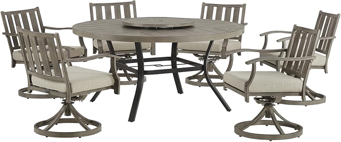 PEAK HOME FURNISHINGS Outdoor Aluminum Dining Set, 60" Round Dining Table with 6 Swivel Dining Chairs