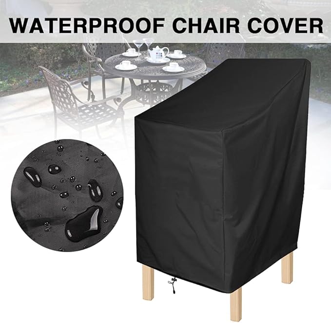 ANMINY Waterproof Patio Chair Covers UV-Resistant Windproof Outdoor Barstools Chair Cover Stackable Lawn High Back Dining Chair Furniture Protector with Storage Bag - Black, Pack of 4