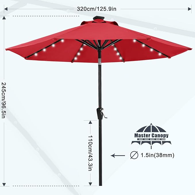 MASTERCANOPY 11FT 8Ribs Patio Umbrella with 32 Solar LED Lights, Outdoor Market Umbrella with Tilt & Crank, UV Protection & Fade Resistant Fabric, Easy Set-Up for Garden, Deck, Pool (Red)