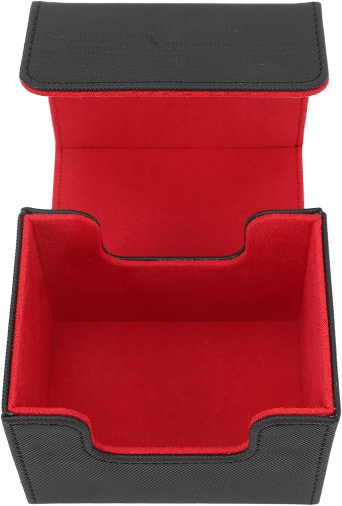 Qiilu Magnetic Closure Card Deck Box with Magnetic Flap Lid, Large Capacity PU Leather Storage Box/Cover for Game and Tarot Cards, Strong Magnet Closure Cases (Black Red)
