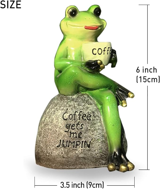OwMell Frog Statue for Garden Decor, Drinking Coffee Green Frog Figurine | This creative frog ornament brings a lot of vigour to your yard or garden. Garden Decoration Resin Sculpture 6 Inches Gift