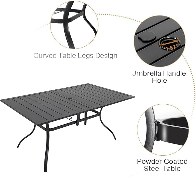 Anmutig Patio Dining Set for 6, 7-Piece Outdoor Furniture Rectangular Table and 6 Metal Textilene Stackable Chairs Set for Lawn Backyard and Deck Black