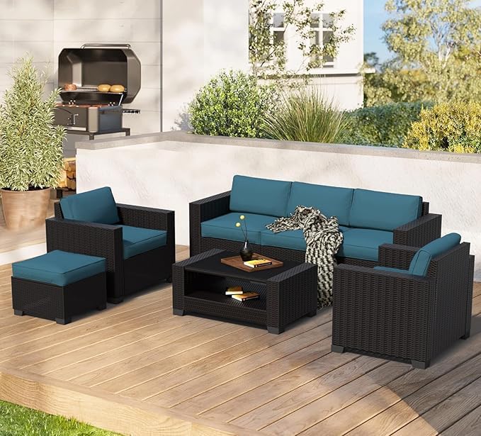 7 Pieces Patio Furniture Set Wicker Outdoor Furniture All-Weather Outdoor Sofa with Thick Cushions & Coffee Table Patio Conversation Set for Lawn, Patio, Balcony, Deck, Poolside (Brown & Peacock blue)