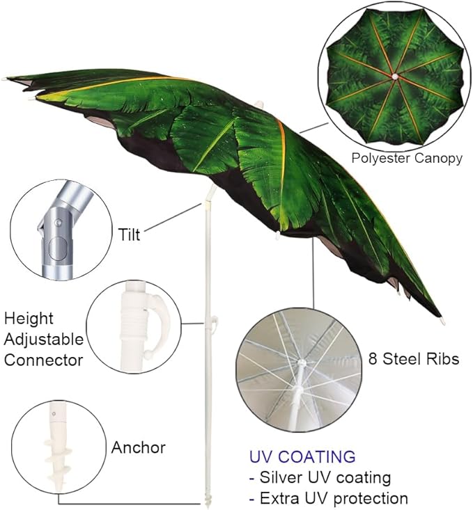 Beach Umbrella with Sand Anchor & Carry Bag, 6.5 Foot Patio Outdoor Umbrella with Wind Vent Canopy and Push Button Tilt, Ideal for Travel Garden Lawn, UPF 50+ (Banana Leaf)