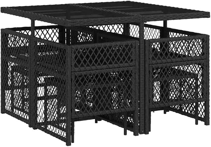 9 Piece Garden Dining Set, Outdoor PE Rattan Dining Furniture with Tempered Glass Tabletop and Cushions, 8 Person Patio Table Set for Backyard Terrace, Black and Cream