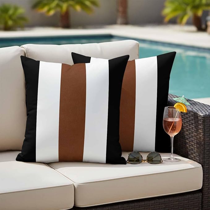 Boho Black Outdoor Waterproof Throw Pillow Covers Set of 2, 26"x26", Brown and White Striped Tribal Farmhouse Style Decorative Pillow Covers Outside Cushion Case for Patio Porch Garden