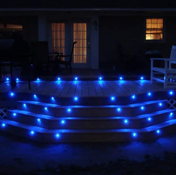 0.7" Tiny Blue LED Deck Light Kit, 0.4W Low Voltage Stainless Steel Waterproof Recessed Wood Decking Stairs Garden Yard Patio Decor Lamp 7Lm Outdoor LED Lighting, Pack of 30