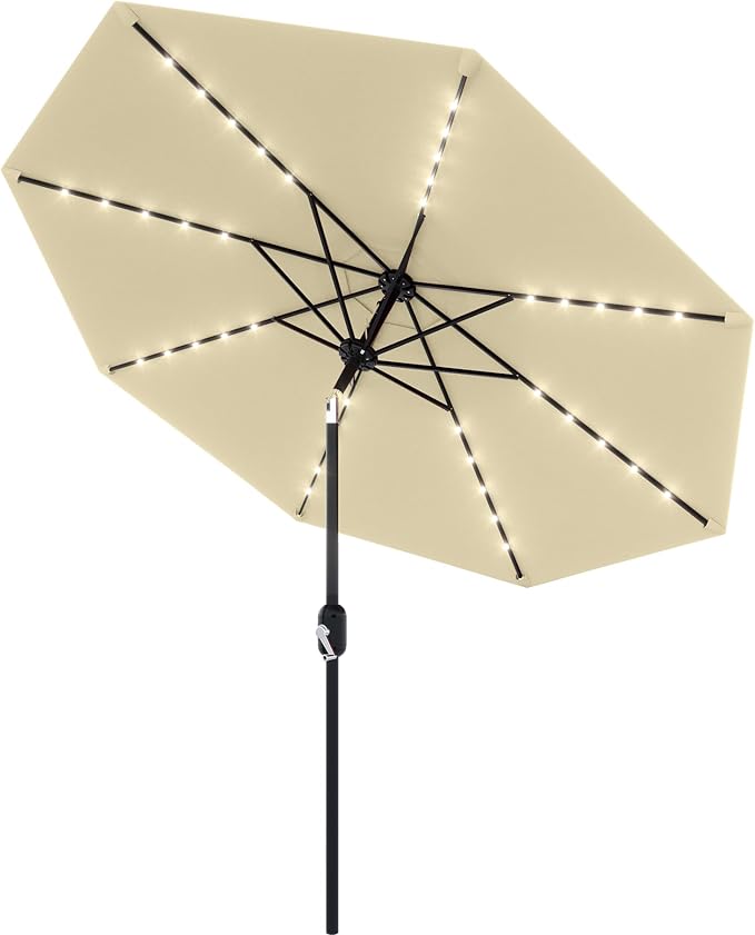 10 ft Patio Umbrella with Solar Lights, Outdoor LED Lighted Umbrella, 40 LED Lights & Tilt Crank, 8 Ribs for Poolside, Deck, Backyard