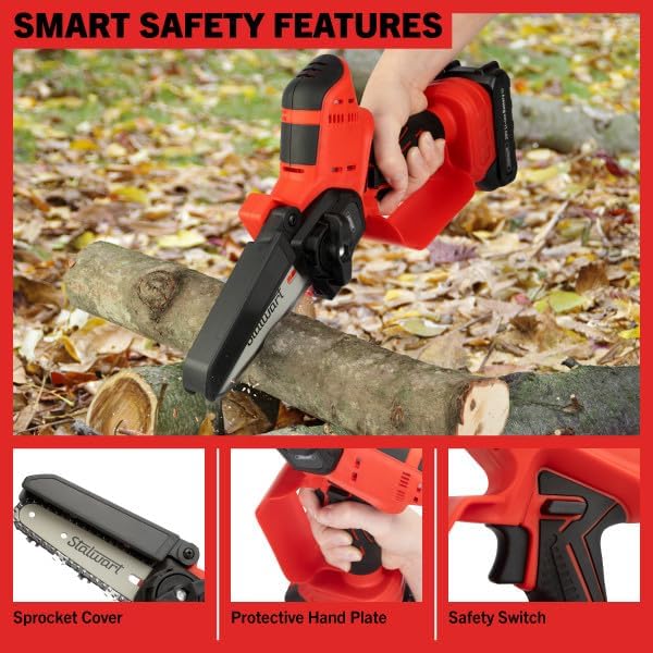 Mini Chainsaw - 5-Inch Chain Saw with 20V 1500mah Lithium Ion Battery, Charger, and Carry Case - Handheld Saw for Wood Cutting by Stalwart (Black/Red)