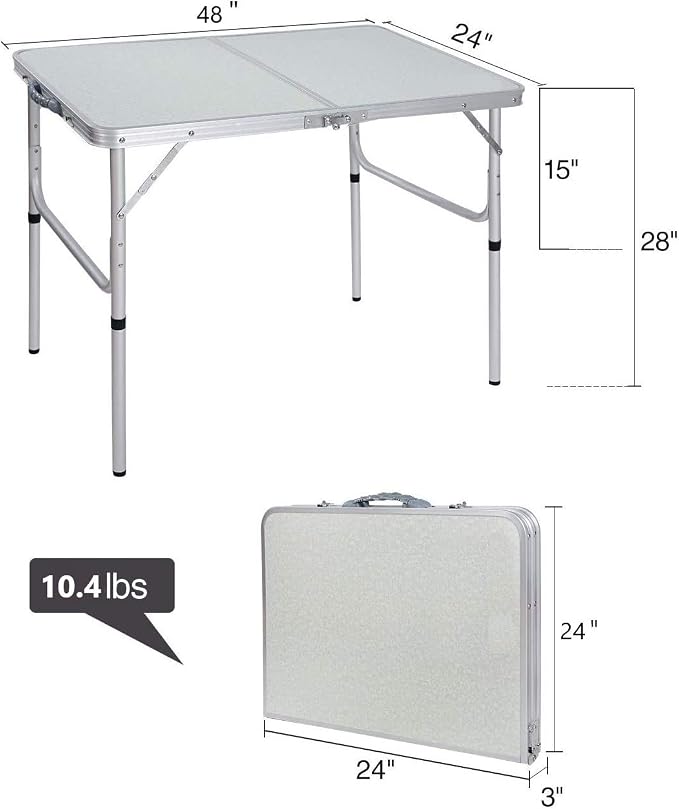 Aluminum Folding Table 4 Foot, Adjustable Height Lightweight Portable Camping Table for Picnic Beach Outdoor Indoor, White 48 x 24 inches