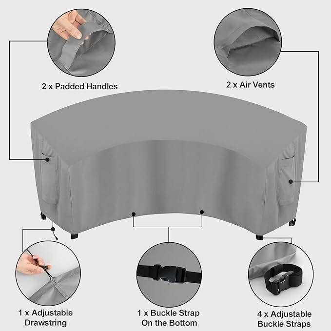 OutdoorLines Waterproof Curved Outdoor Sectional Cover - UV Resistant Windproof Patio Sectional Sofa Covers for Deck, Lawn and Backyard, Heavy Duty Furniture Covers (90Lx34Dx32Hx46FL, Grey)