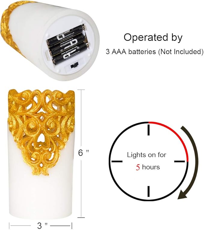 DRomance Hollow Gold Flameless Flickering Candles with 5H Timer, Battery Operated LED Pillar Candles Unscented Wax Warm Light Christmas Home Decoration(Set of 2, 3 x 6 Inches)