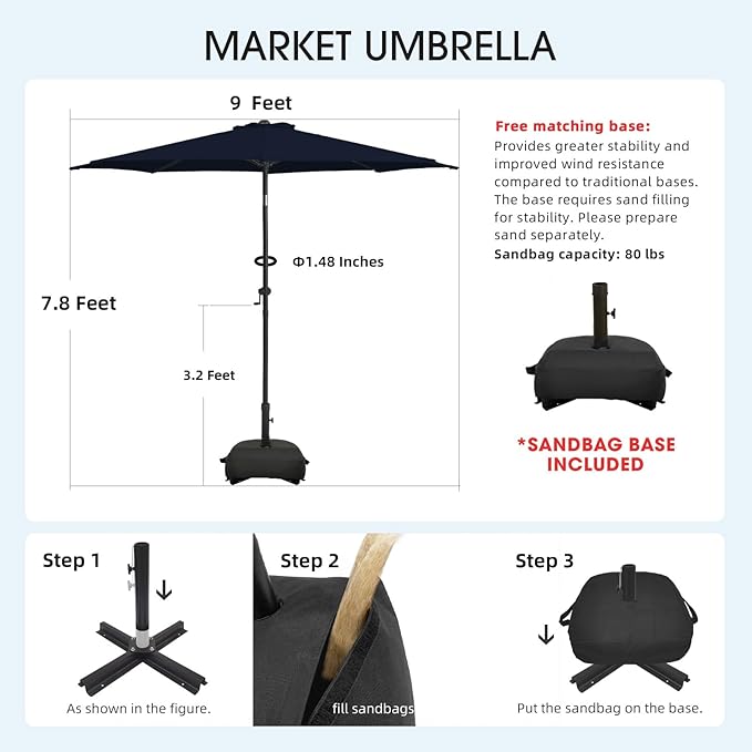 wikiwiki 9FT Patio Umbrella with Base, Outdoor Umbrellas with Base Included, 8 Sturdy Ribs, Waterproof Fade Resistant POLYESTER DTY Canopy for Deck, Lawn, Garden, Backyard & Pool, Navy