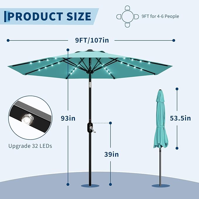 Garvee 9/10 FT Solar Patio Umbrella with 32 LED Lights - Outdoor Table Umbrella with Crank Lift, Push Button Tilt and 8 Sturdy Ribs - Market Umbrella UV Protection for Pool, Deck, Yard, Garden