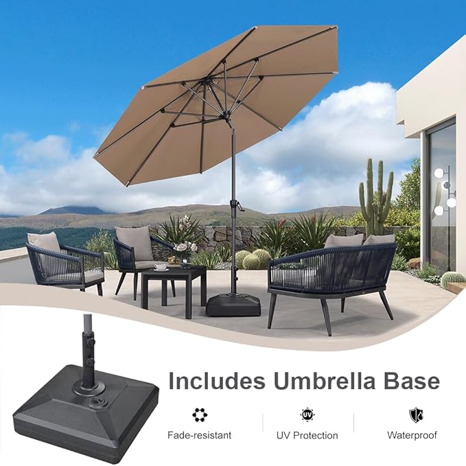 PURPLE LEAF 10' Round Patio Market Umbrella with Base Outdoor Table Umbrellas Aluminum Frame Sun Shade with 8 Sturdy Ribs Tilt for Garden Deck Lawn Pool Taupe